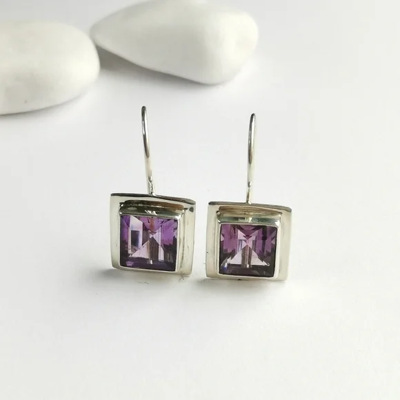 Square cut lavender amethyst drop earrings in Sterling Silver 🆕 - Picture 2 of 8
